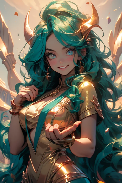Perfect face. Perfect hands. A teal haired woman with golden eyes and an hourglass figure with golden horns in a golden gown is smiling in a landscape of brimstone