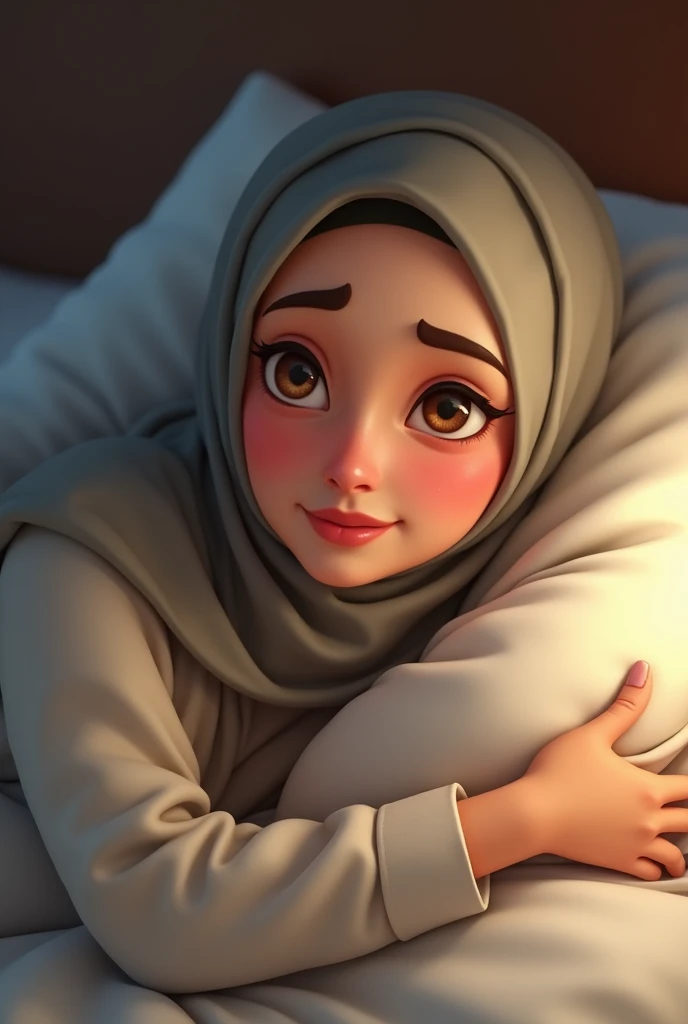 Wearing a hijab, wearing pajamas, with firm skin, lustrous brown eyes, looking embarrassed, lying in bed, hugging a bolster, feeling tired, staring, smile