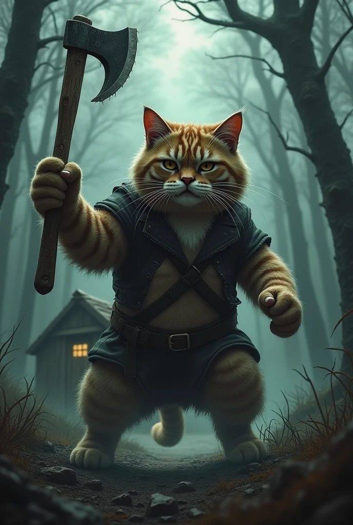 The father cat grabs an old axe from a nearby shed, his expression determined and fierce, standing against the backdrop of the dark, misty forest.