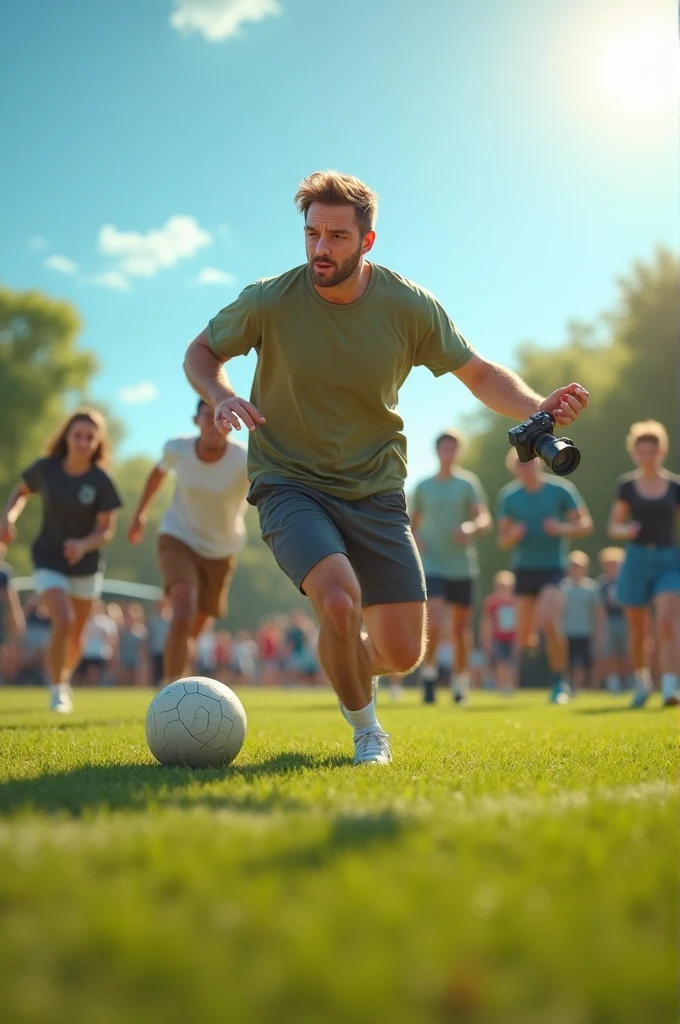 Man doing vlog and playing football
