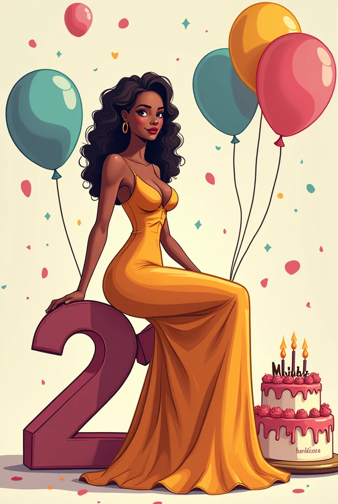 A big girl is sitting on number 21, tha girl take Half of picture wearing a beautiful dress with a covered chest, balloons behind her, and in front of her a cake with Manar written on it, a 2D drawing with outline