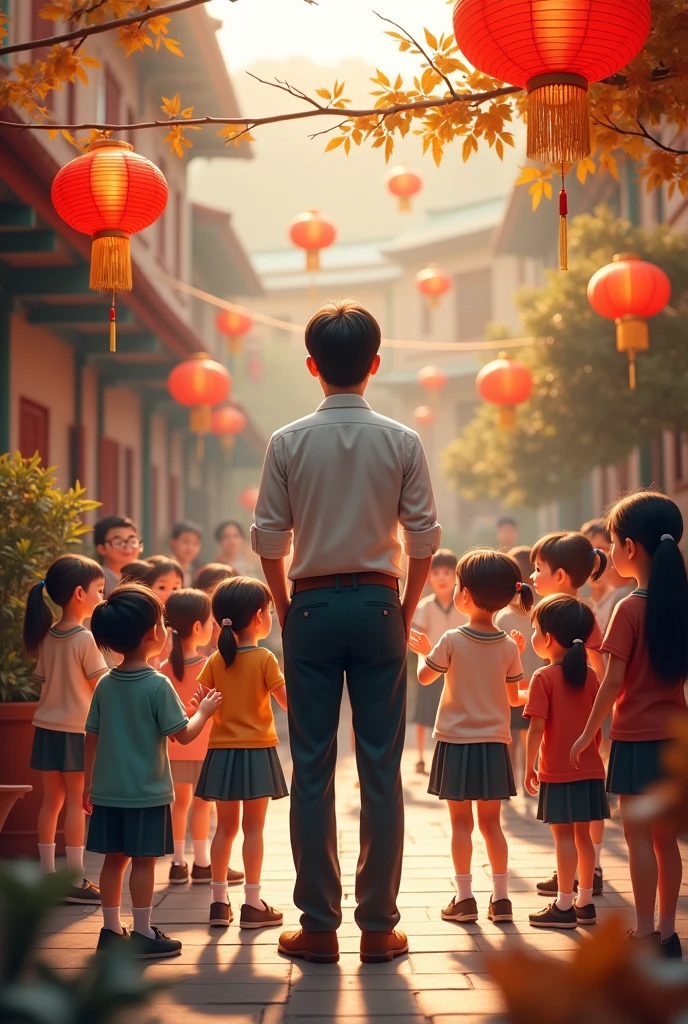 (photorealism:6:19), A teacher and students in a school courtyard, celebrating the Mid-Autumn Festival with lanterns and mooncakes. The scene is festive and colorful.