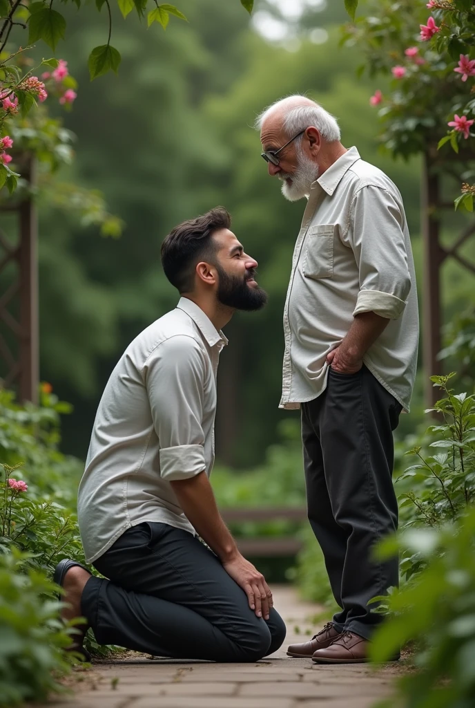 30 year old rich young man on his knees crying and asking for forgiveness, put an old man in the picture,the son looking at the old man, your beard should be short, the young man also has a short beard, both are in a garden, is wearing a shirt and pants