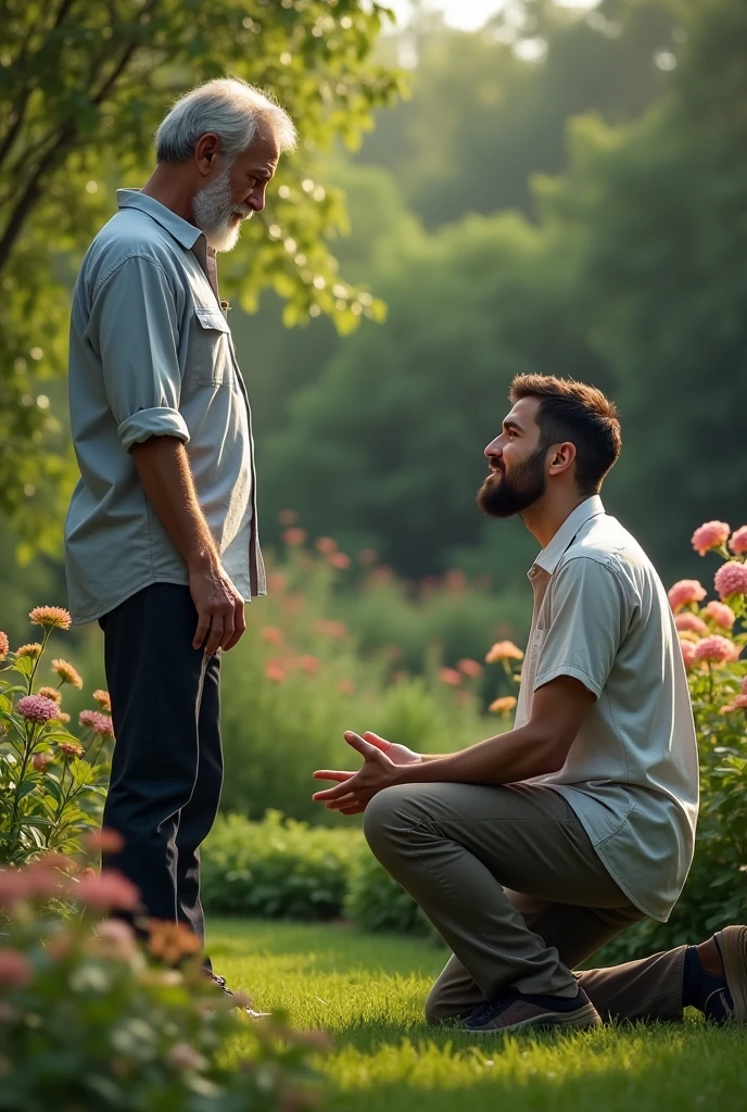 30 year old rich young man on his knees crying and asking for forgiveness, put an old man in the picture,the son looking at the old man, your beard should be short, the young man also has a short beard, both are in a garden, is wearing a shirt and pants