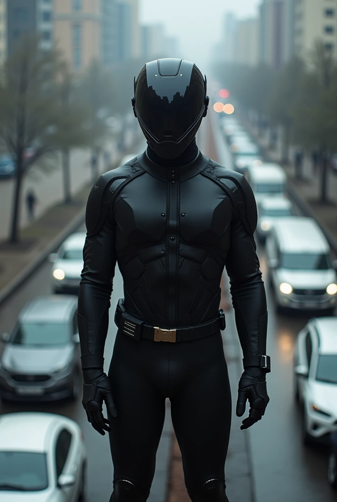 Man in black helmet looking forward overlooking stopped traffic