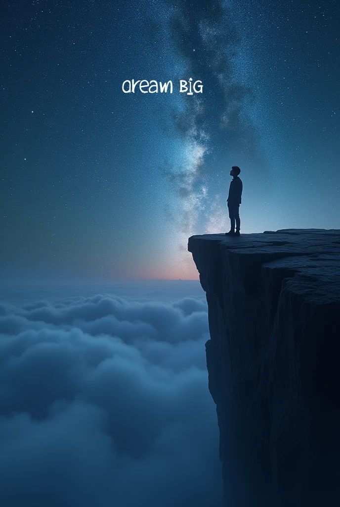 A person standing on the edge of a cliff, looking out over a vast, star-filled sky with distant galaxies. The person could be depicted with a sense of awe and wonder, with subtle light effects emphasizing the stars and galaxies. The phrase "Dream Big" could be integrated into the sky or along the cliff’s edge.