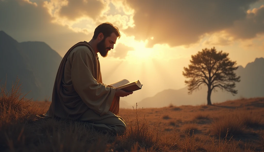 Create a scene that represents a rich, complex narrative inspired by the Bible, portraying a moment of suffering and faith. En el centro de la imagen, a man with an intense expression, with traces of pain and hope, is on his knees in a barren and desolate landscape, symbolizing your emotional state. Around her, The sky is cloudy, reflecting the inner turmoil, but rays of divine light begin to break through the clouds, lighting up your face.
Behind him, a lone tree stands, representing life and persistent faith, even in adversity. In your hand, he holds an open Bible, its pages gently swayed by the wind. No fundo, silhouettes of imposing mountains symbolize the challenges and obstacles faced throughout life. The image must convey a deep connection between human beings and God., capturing the essence of hope that resurfaces even in the darkest moments.