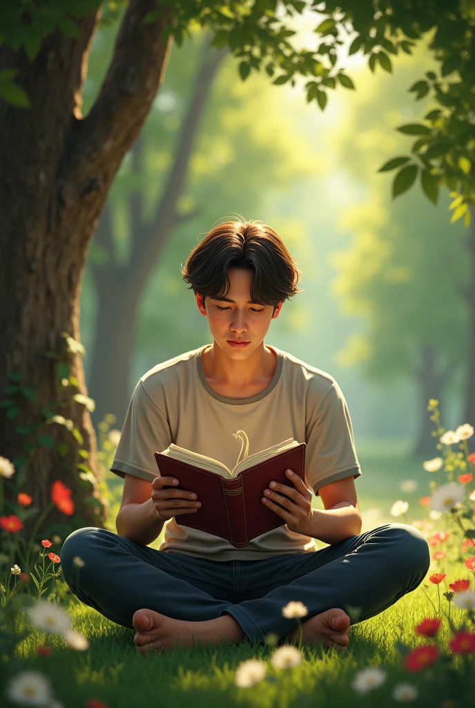 A young man is reading a book in the park