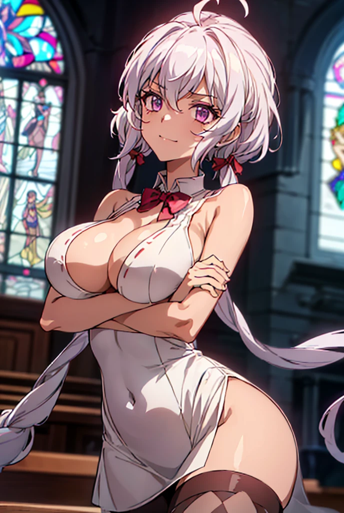 ((masterpiece)), ((Best quality)), (high resolution), (illustration), (an extremely delicate and beautiful), (ultra detailed beautiful face and eyes), nsfw, 1girl, leaning forward, YukineChris, long hair, purple eyes, twintails, low twintails, ahoge, large breasts, fishnet pantyhose, red a bow tie, volumetric lightning, detailed skin texture, detailed, volumetric shadow, anime screencap,Highest quality, Sorceress, ancient babylonian nobility, ((tan skin:1.2)), (brown skin color),Long hair, twin braids, hair ornament, wine colored hair, smile, Below average size breasts, bare shoulders, (underboob:0 Raise your legs vertically、Ready your gun?、Stretching arms forward to accentuate cleavage 8K, masterpiece, Best_quality, high_resolution, ultra_details, detailed, 1girl, 独奏, looking_at_viewer, upper_body, indoors, braid, blurry, bangs, white_hair, blurry_background, collared_shirt, church, hair_ribbon, hair_between_eyes, stained_Glass,sidelocks, depth_of_field, light_particles, window, french_braid, Alphonse Mucha Style, sharp focus, perfect hands, perfect face, perfect eyes, perfect light, dynamic light, natural light, Masterpiece, Best quality, red dress