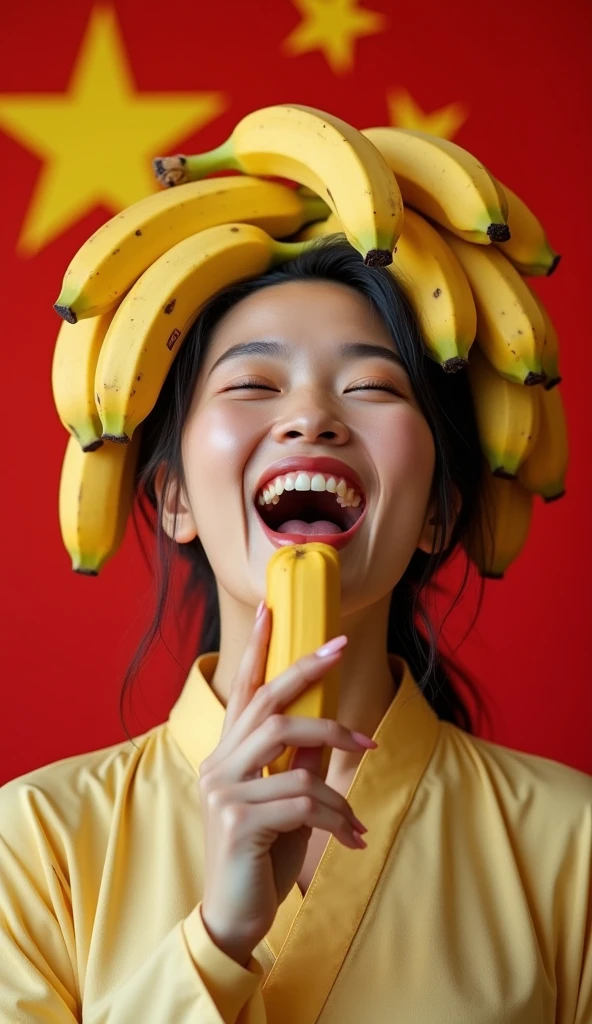 Clothed 30's、A very beautiful Chinese woman。Dressed in traditional American clothing。Facing forward、Open your mouth wide、The banana in her right hand looks delicious.、I bite into it with the skin on.。The expression is、Ecstatic expression、I feel a strong sense of ecstasy。Being sexually aroused。With a smile、Both eyes are open。The head was peeled、Covered with lots of real bananas。On and around the head、There are a lot of bananas。There are bananas all around。There are so many bananas。The skin is、Hidden by clothes、Light clothing。There are bananas all around。Covered in bananas。No tattoos。The background is the color of the Chinese flag.。9:16 sizes。Highest quality、A masterpiece。