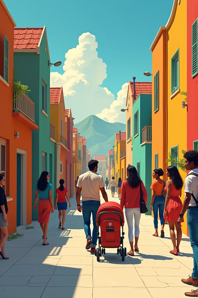 a street in the future where you see women and men, at least one man with a stroller, who cares for his children. The women all look happy and feel safe. They are all equal. Along the street there are many colorful houses. In a house you see a man vacuuming. The people on the street are all diverse and from different cultures. You also see a woman as boss. It is very important to see that men participate in the household. A man vacuuming dust
