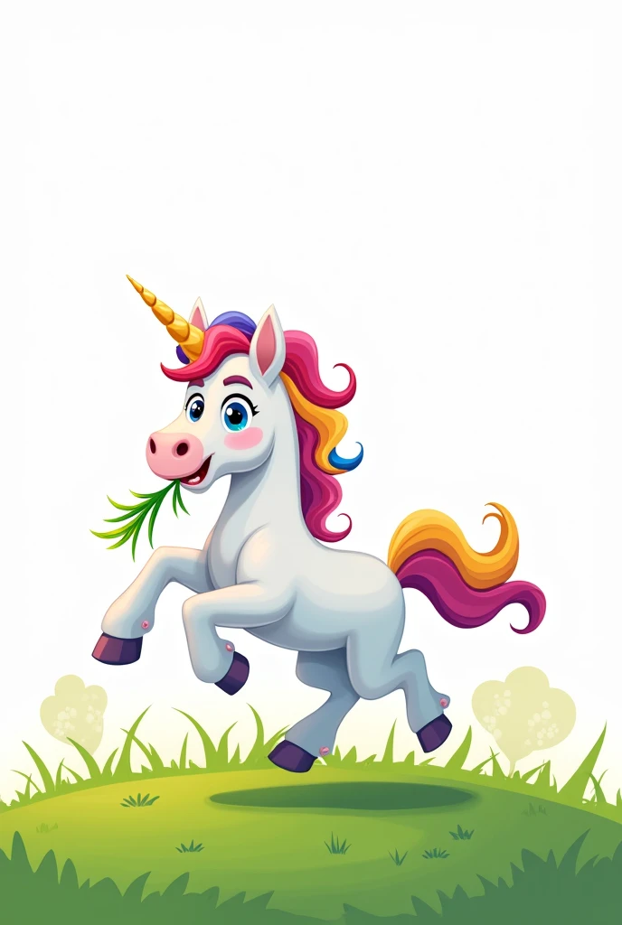 Fast running unicorn with green grass in its mouth with rainbow tail rainbow mane simple cartoon style with open eyes and white background