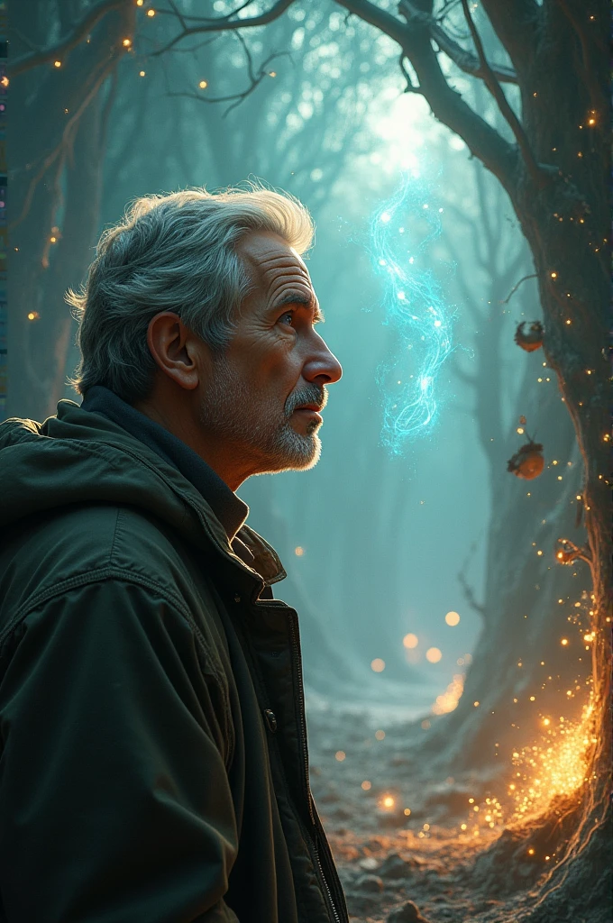A male character is looking at the stories
