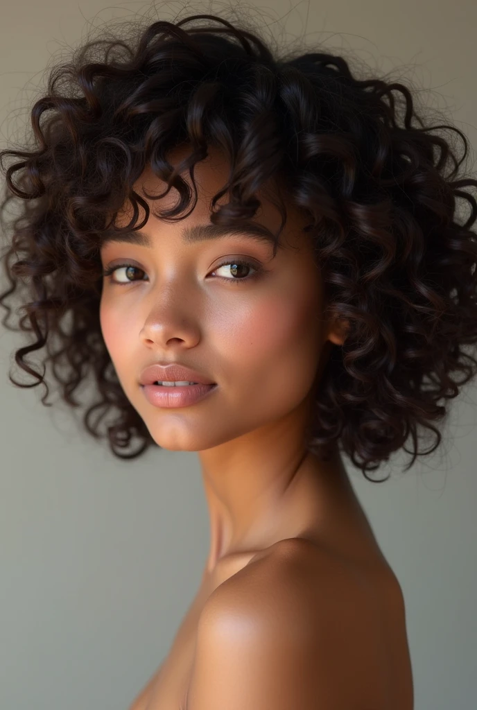 Mixed race face fine facial features light skin curly hair full lips realistic 