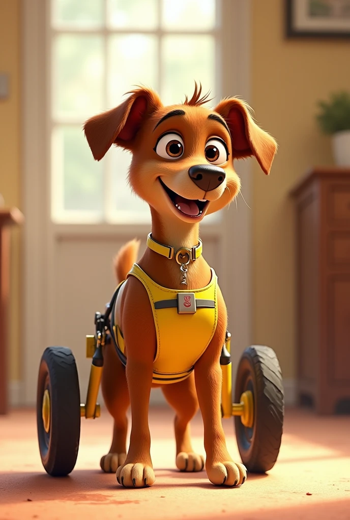 Create a Disney Pixar style drawing of a skinny dog. She's a grown-up, HER FUR IS ALL CHOCOLATE BROWN AND HER NOSE IS ALSO BROWN. She is a mongrel who uses a wheelchair only on her hind legs.. She is happy. Her collar and harness are yellow. Put a yellow breastplate on her. The ears are smaller. 