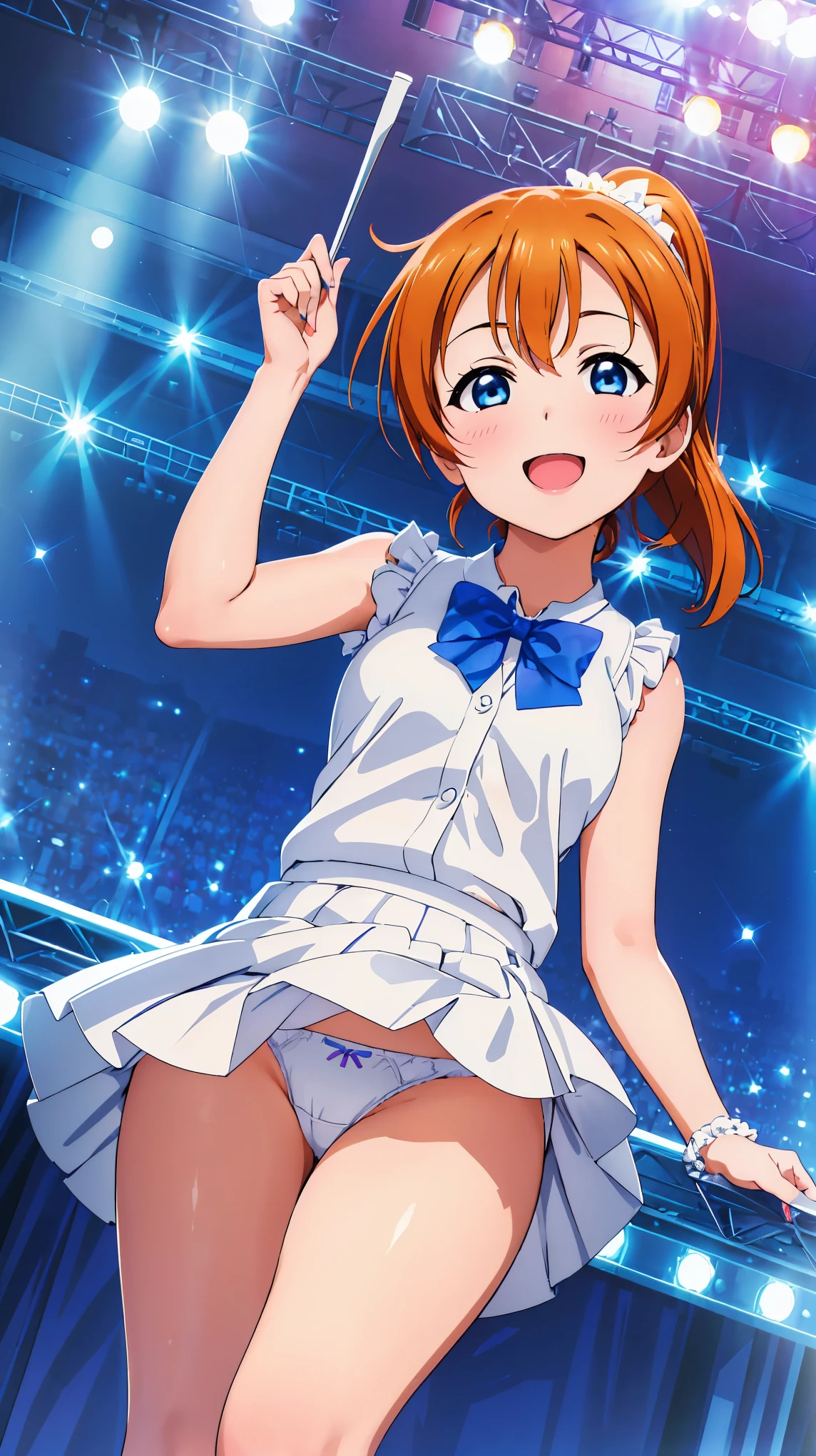 (((Pixel Perfect, Perfect in every detail))),(((Diameter-downward view of skirt,))), alone, One girl, Honoka Kosaka, (μ'sアイドルドレス), View your viewers, smile, lovelive！stage, sing, (Lifted Skirt 1.3), (Detailed Panties 1.3), (White Panties: 1.3), (Frilled Panties: 1.3),(Panty shot), (Low - Angle) ,Blue eyes,orange hair,one side ponytail,short hair,