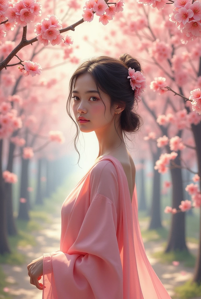 Beautiful Indian girl standing and in background there is clear cherry blossom tress