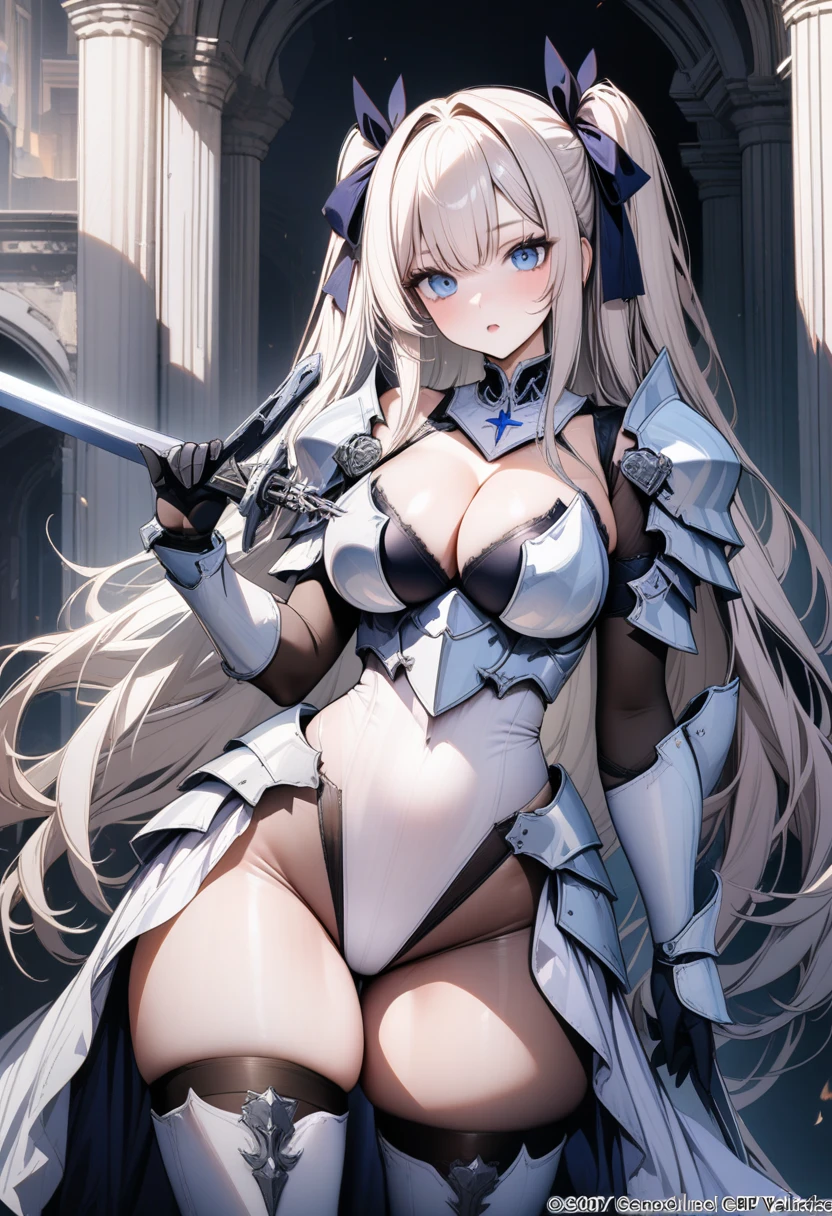 ((UHD)),((masterpiece)),((8k)),((solo)),1girl,Azur Lane,Fantasy art, ((Valkyrie)), ((white paladin armor:1.2)),(Skin-tight Investigator Bodystocking),((high leg dress:1.3)),(Armored Dress:1.3),(armored leotard), ((has a sword in hand)), ((gothic princess dress)), platinum blonde long hair,barrette,hair ribbon,large breasts,cleavage,Perfect and beautiful blue eyes,curvy,Thigh-high sock,perfect face,accurate,high quality,extremely detailed,cowboy shot,anatomically correct,