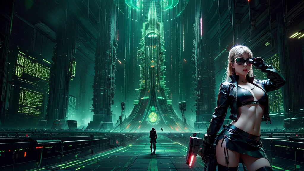 (Wide angle view). Matrix film inspired city, simple outlined neon tall buildings, glowing giant clock tower, lightning, close-up glowing matrix cascading code, 3D rendering Beeple. At night, (1girl, solo, alone), photorealistic, large-breast slim:0.6 body, oval:0.5 face, cleavage:1.1, miniskirt, deep-v, ((upskirt)), glove, (Matrix style black micro sunglasses), ((aiming viewer with a short gun)), (half-body thigh level close-up shot), cinematic lighting, ray tracing.