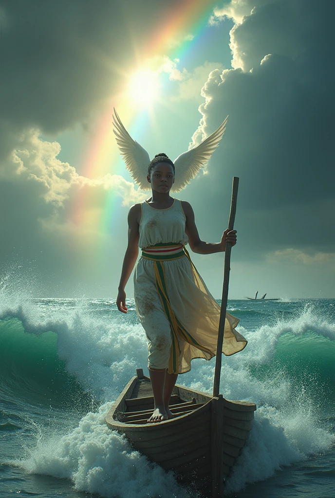 an Ethiopian beautiful light brown skin color women wearing slightly dirty white dress with small strip of green, yellow and red ,she is holding a child standing on a small local ship,the ocean try to distroy the ship and her pray stop the storm, rainbow shown, an Angele also shown from far holding a stick to stop the storm.octane render, trending on artstation, greg rutkowski very coherent symmetrical artwork. cinematic, hyper realism, high detail, octane render, 8k