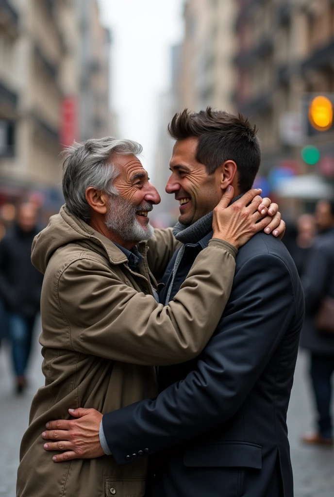 A beggar hugging a male person both having smile on their faces