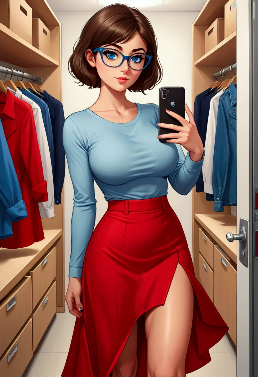 20 years old woman, Short brown hair, Mediterranean with blue eyes, Generous and heavy breasts, slender waist, definition of l&#39;estomac, fesses rebondies et pulpeuses, naturally curved, muscular thighs, aguicheuse , blue eye, lunettes, fitting room, red long skirt, wedge heels ,Selfie, jean shirt 