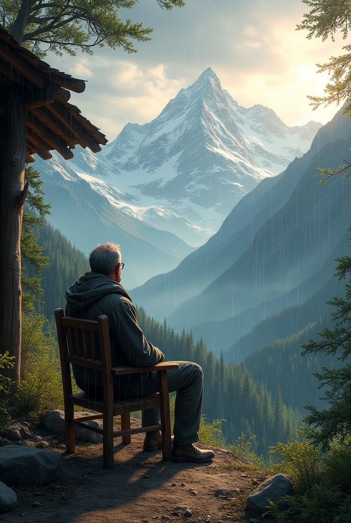 A man sitting outside on wooden chair of his hut and watching big mountains view closing with heavy forest having light rain and sun rises