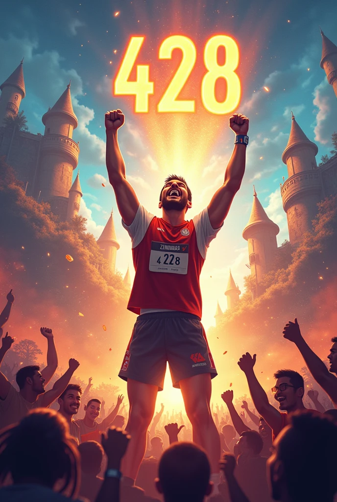 "Create an image of an ecstatic winner who has scored 428, celebrating aggressively in a vibrant fantasy world. The background should be filled with magical elements like glowing forests, floating castles, and a radiant, colorful sky. Surround the winner with a crowd of people, all looking incredibly happy and cheering him on. The winner should be in the midst of an intense celebration, with fists pumped in the air or shouting triumphantly, radiating energy and joy. He might be holding a trophy in his hands which show to top and the scene should feel alive with excitement. Boldly integrate the text ' BMS ZINDABAD ' and ' 1st Rank' and '428' into the environment, making it a central part of the celebratory atmosphere."