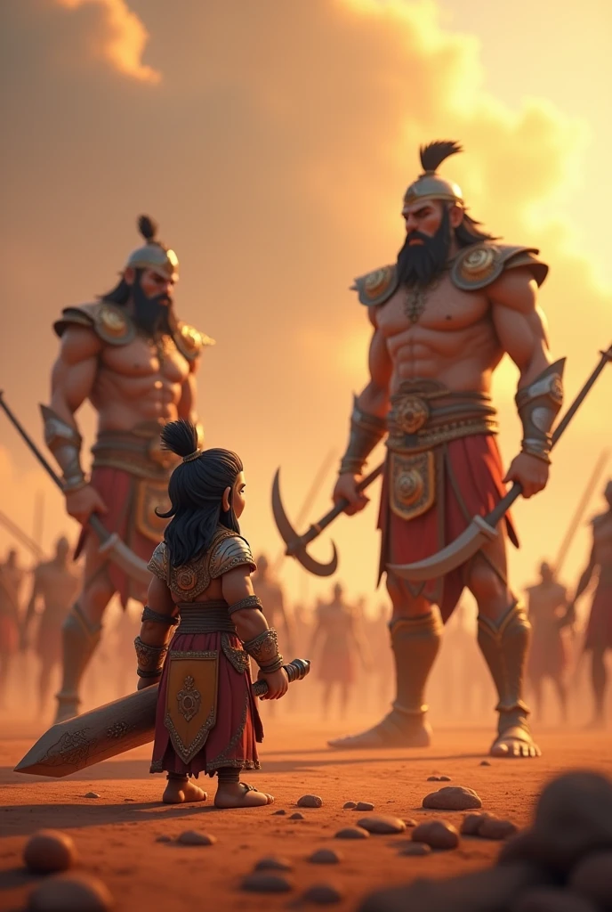 Generate in cinemetic 3d cartoon**Respect for the Opponents:** Illustrate the moment when a warrior acknowledges the greatness and strength of his opponents, realizing that they are not just enemies but also revered figures who hold significant power.in Mahabharat time pictures