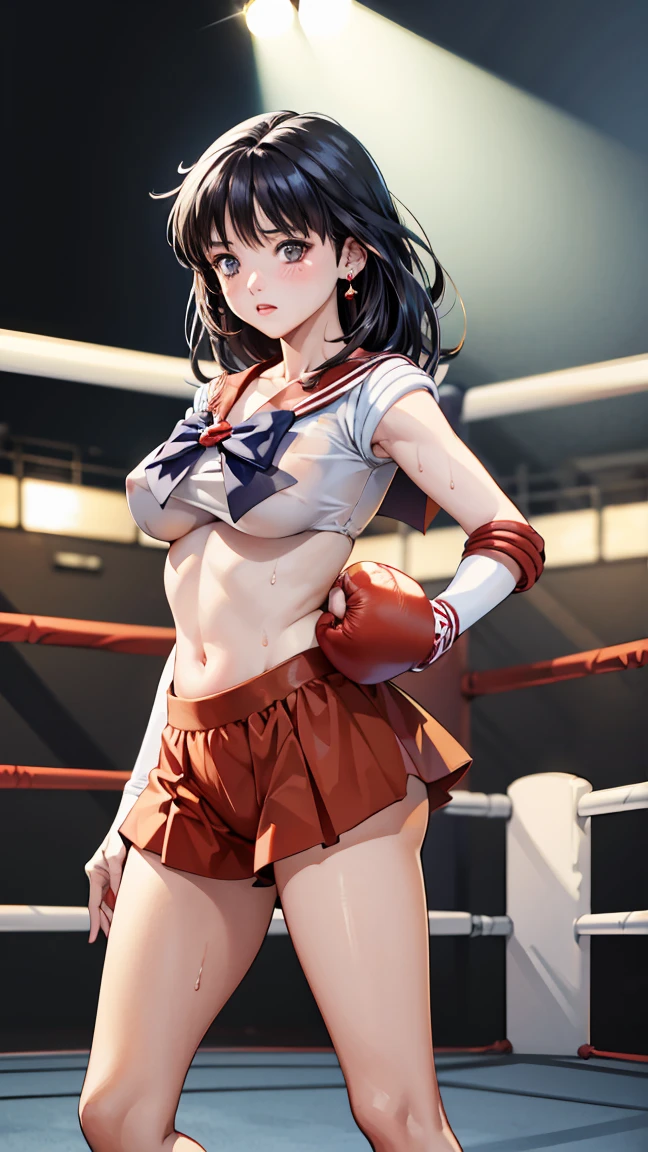 men and women ,expensive,170cm、 (Boxing Ring、nude、blush、Spotlight、A large number of people、Stadium), 、Long Hair、They hesitate,Sweaty body、Wet Hair, Underarm, Big Breasts , (expensive色彩彩度:1.0), (Very detailed肌), (Highest quality:1.0), (Ultra-high resolution:1.0) ,(Realistic:1.0), (Very detailed:1.0), (8k, RAW Photos:1.1)、Are standing、Sailor Mars、Red skirt