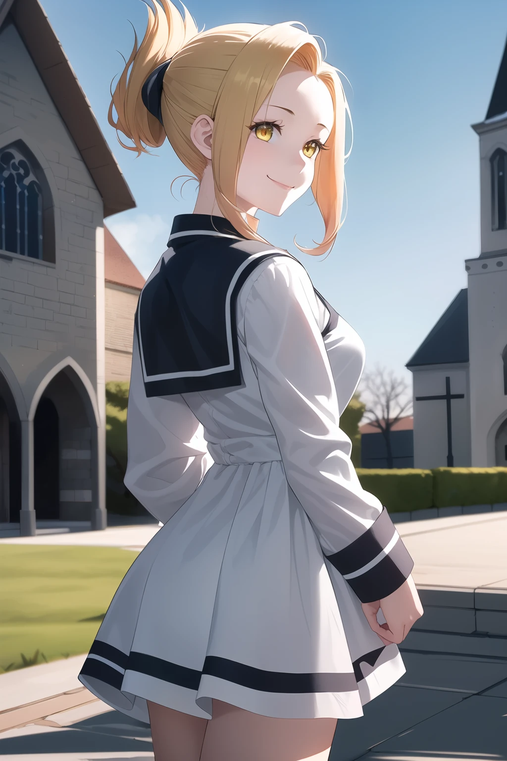 One girl, alone, board member \\(KonoSuba\\),
Blonde, Folded ponytail, Side Lock,
Yellow Eyes,
smile,
skirt, Medieval dress, White Dress,
Outdoor, Medieval, town, church, Outdoor, 
