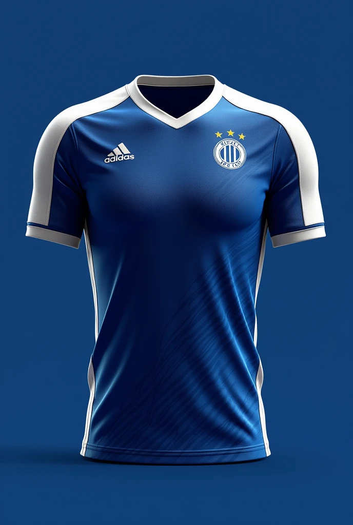 color Principal: Deep blue.
Details:
cuello: white, V-shaped or round.
sleeves: White with blue details on the edges.
Side Panels: whites para resaltar el contraste con el color azul.
Logo: In the center of the chest, the team logo "Blue Star F.c." in white, possibly with a gold or silver star.
Number and name: in the back, números y nombre in white para destacarse sobre el fondo azul.
Additional Design: A subtle stars or stripes pattern in a lighter shade of blue on the front to add texture.