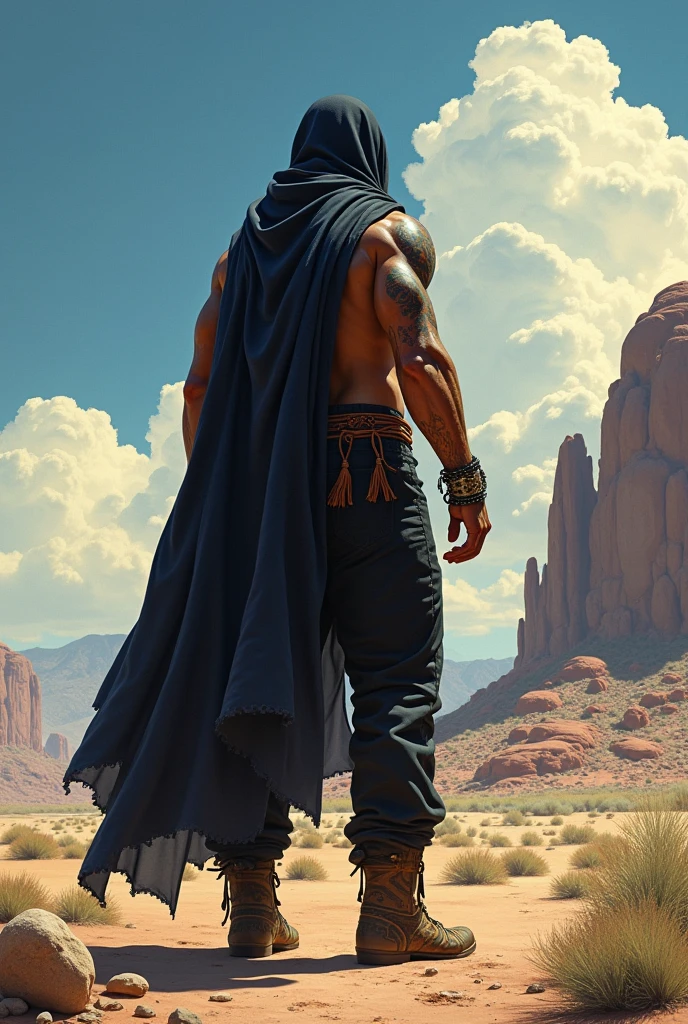 Full-body image (from behind) of a muscular, tattooed American Indian man, with a black hood and a large black cape covering his back. He has no shirt and wears a loincloth, loose black pants, native boots and large metal bracelets on both wrists. He's on his back, set in the Arizona desert, looking up at the sky. Frazetta art style.