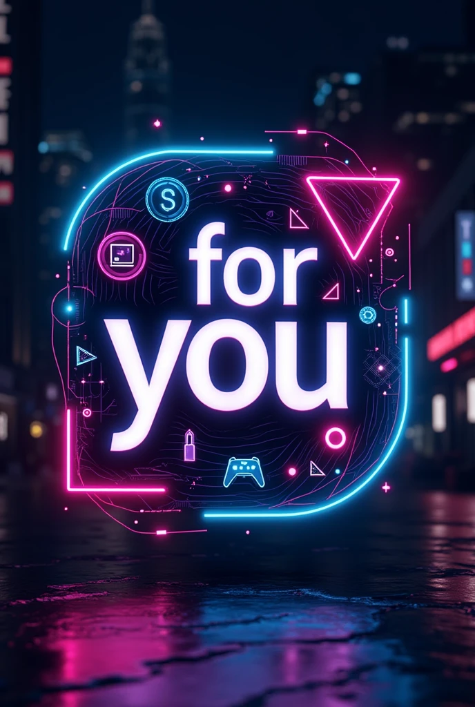 Logotipo “For You”, on the edges image of game triangle, latern, dollars and control button, on blue urban post, with neon and phosphorescent colors. black backdrop.