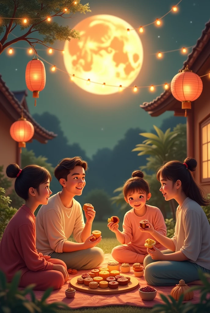 A family sitting in their backyard, enjoying mooncakes and gazing at the full moon, celebrating the Mid-Autumn Festival. The atmosphere is warm and festive