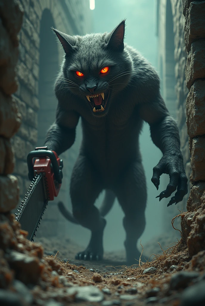 Prompt 5**: A loud noise echoes through the fort, and a menacing figure emerges from the shadows: the Chainsaw Cat, with sharp metal claws, a chainsaw blade attached to one of its arms, and glowing red eyes.