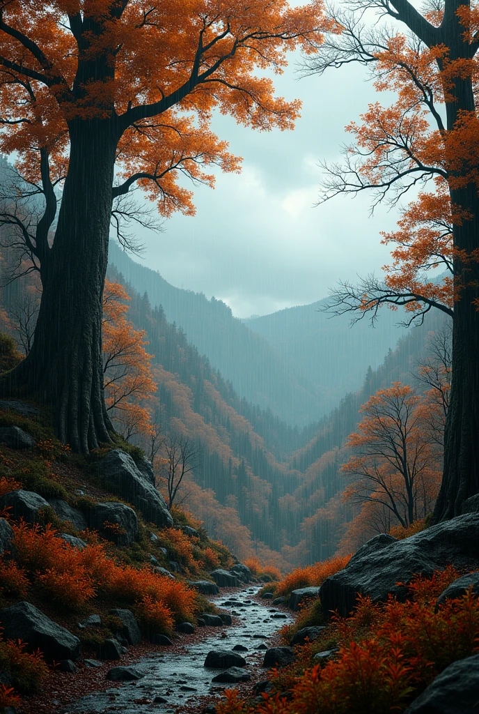 beautiful slightly dark autumn background, with a beautiful view. so that there were leaves and rain. everything is done in maximum realism