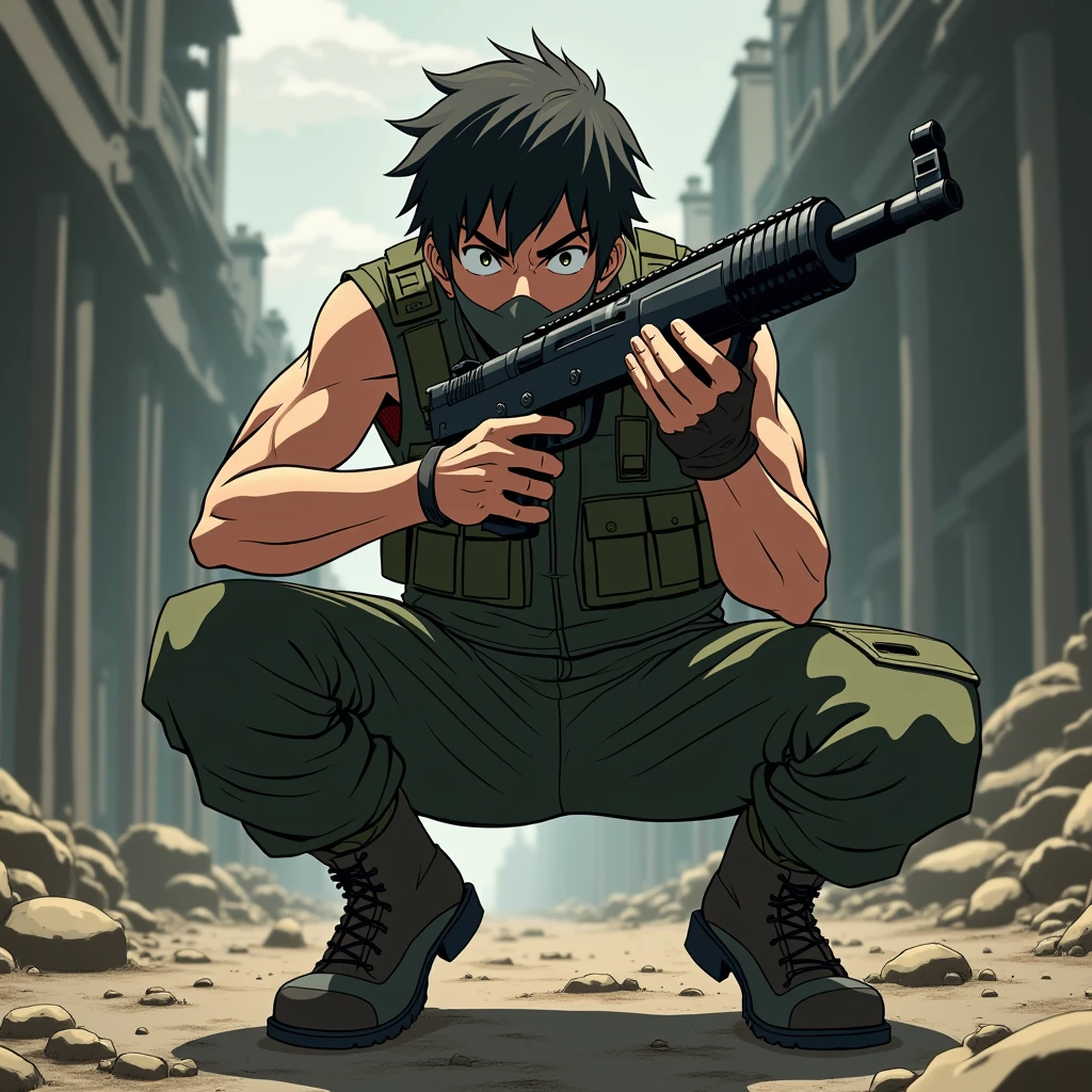anime art, a 20 year old angry male, wearing militar mask, veige militar clothes, squatting down, holding gun