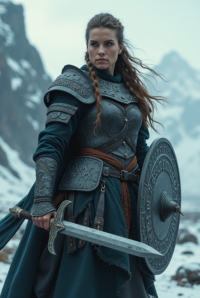 A viking woman holding a sword and shield 