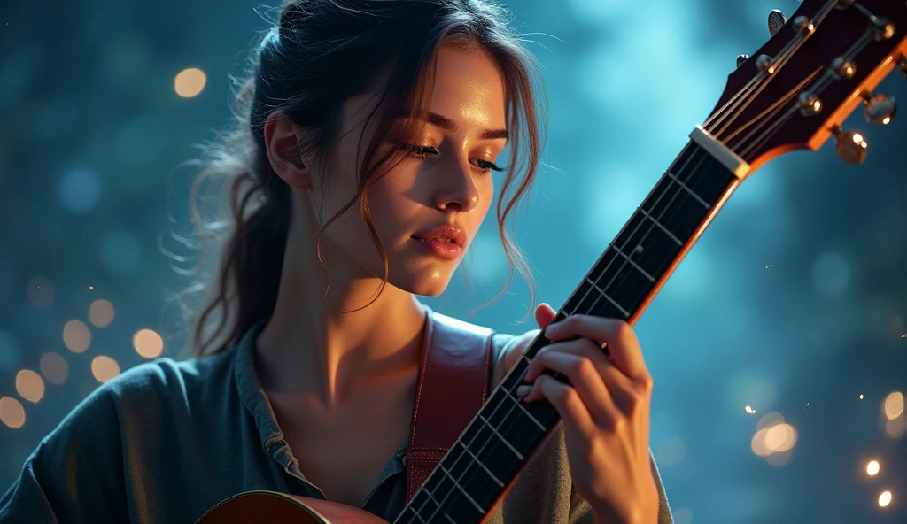((best quality)), ((masterpiece)), (detail), perfect face, full body shot of a young europe woman playing guitar on the mythical world, woman with V-line face and blue eyes, magical light, sparkling light, 8k, ultra high resolution, sharp face