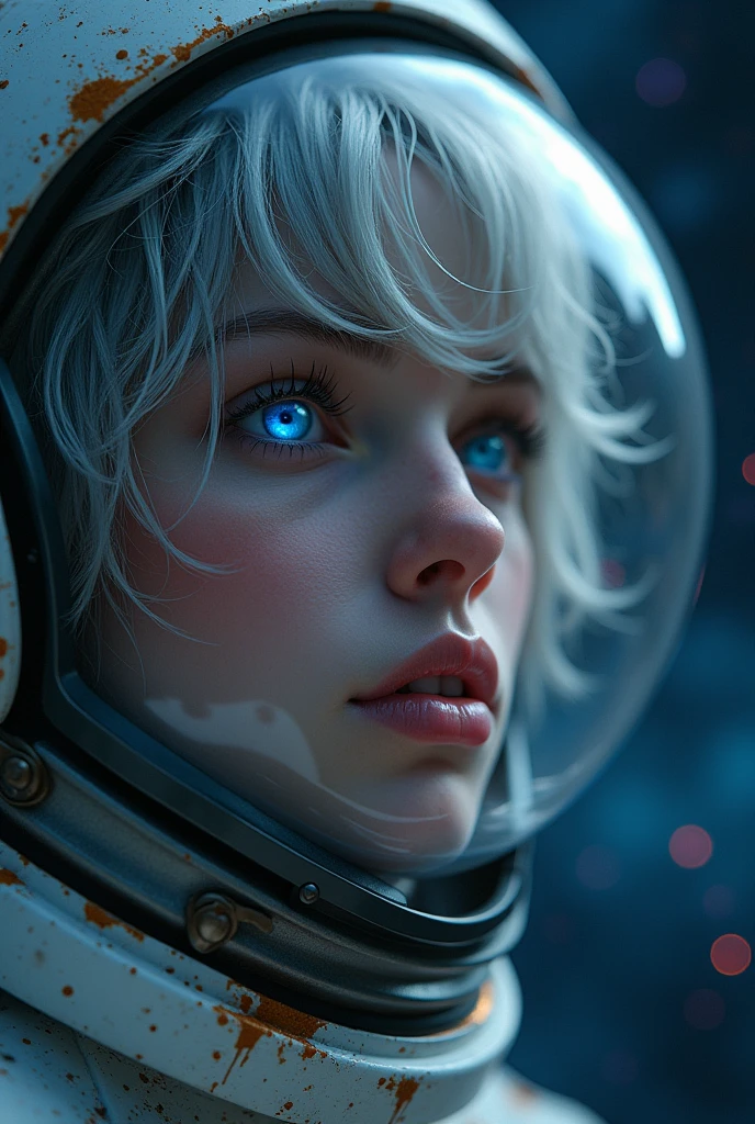 (Close-up of a better masterpiece:1.5)0.9], (Space and astronauts:1.2) (Messy silver hair:1.1) (Heterochromia xanthochromia and blue eyes:1.2) (Space Helmet:1.0) (Colored stars in the eyes:1.0) (A radiant glow:1.1) (thick lips:0.9)