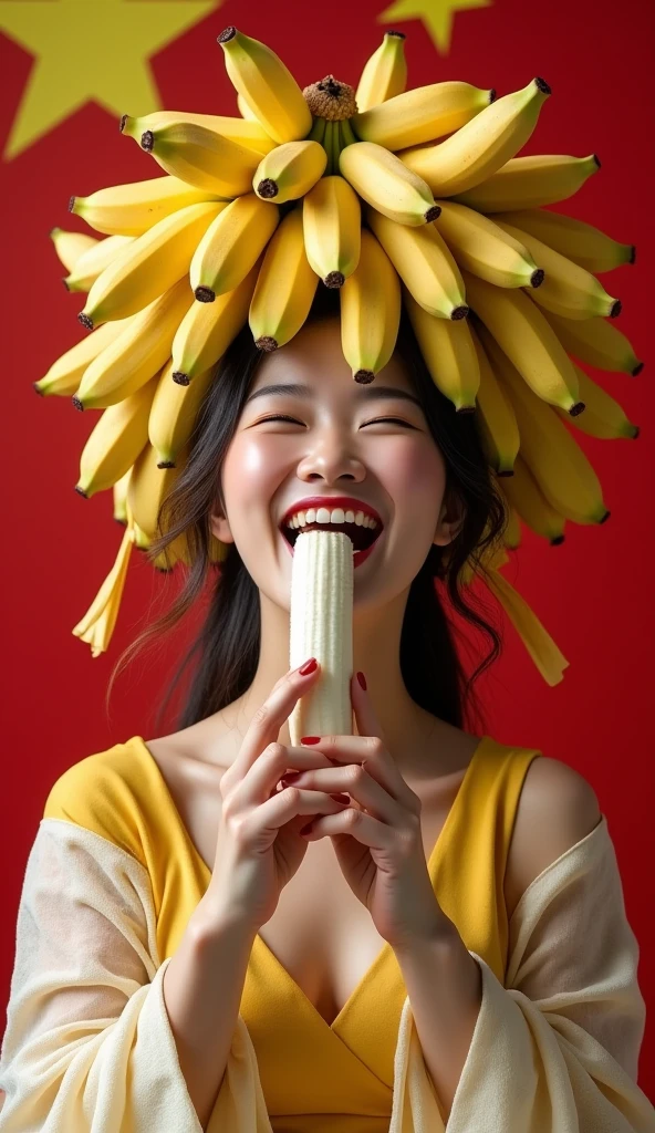 Clothed 30&#39;s、A very beautiful Chinese woman。Dressed in traditional American clothing。Facing forward、Open your mouth wide、The banana in her right hand looks delicious.、I bite into it with the skin on.。The expression is、Ecstatic expression、I feel a strong sense of ecstasy。Being sexually aroused。With a smile、Both eyes are open。The head was peeled、Covered with lots of real bananas。On and around the head、There are a lot of bananas。There are bananas all around。There are so many bananas。The skin is、Hidden by clothes、Light clothing。There are bananas all around。Covered in bananas。No tattoos。The background is the color of the Chinese flag.。9:16 sizes。Highest quality、A masterpiece。