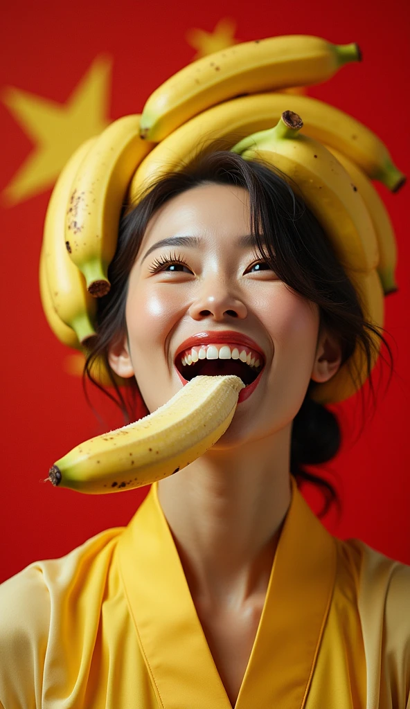 Clothed 30's、A very beautiful Chinese woman。Dressed in traditional American clothing。Facing forward、Open your mouth wide、The banana in her right hand looks delicious.、I bite into it with the skin on.。The expression is、Ecstatic expression、I feel a strong sense of ecstasy。Being sexually aroused。With a smile、Both eyes are open。The head was peeled、Covered with lots of real bananas。On and around the head、There are a lot of bananas。There are bananas all around。There are so many bananas。The skin is、Hidden by clothes、Light clothing。There are bananas all around。Covered in bananas。No tattoos。The background is the color of the Chinese flag.。9:16 sizes。Highest quality、A masterpiece。