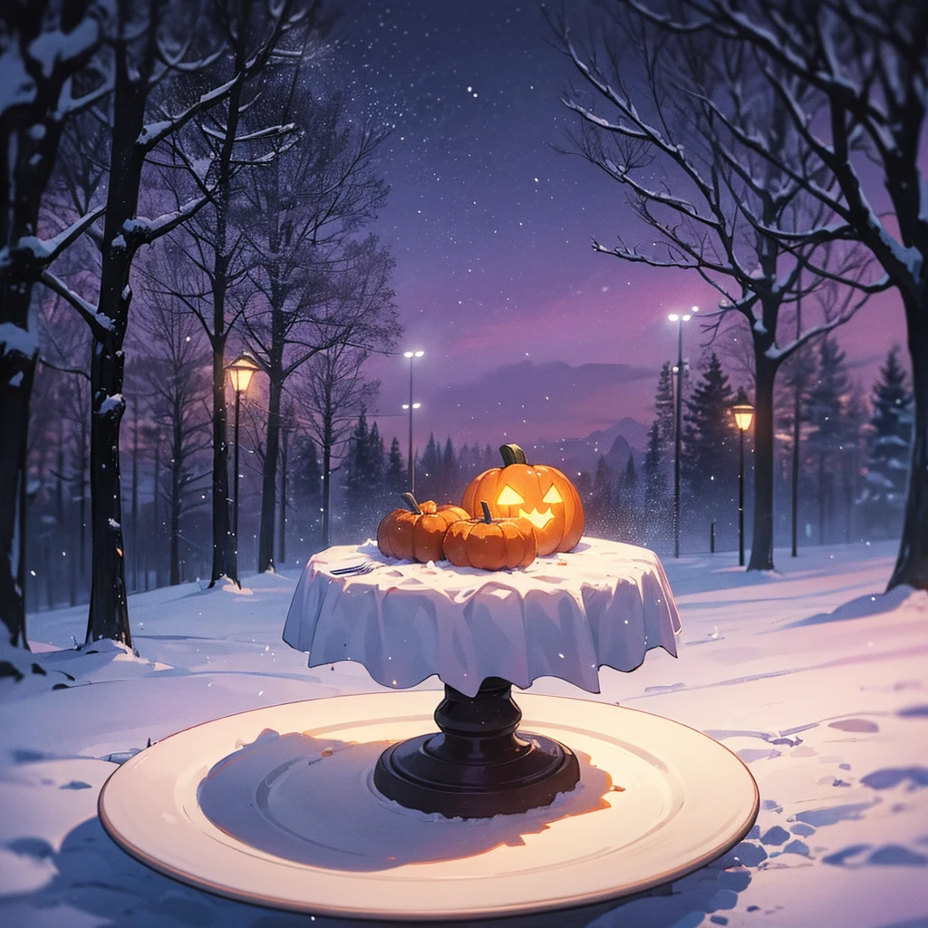 piece of cake on a plate with a fork, pumpkin, award - winning crisp details ”, award-winning crisp details”, mmmmm, snowy road with street lights and trees in the distance, atmospheric cold lighting, winter night, winter atmosphere, heavy winter aesthetics, purple lighted street, dark winter evening