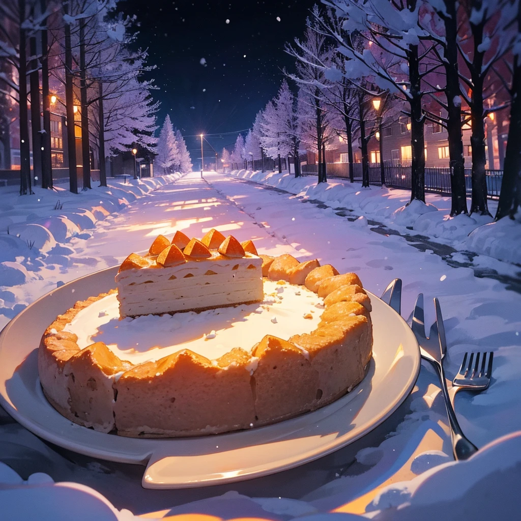 piece of cake on a plate with a fork, pumpkin, award - winning crisp details ”, award-winning crisp details”, mmmmm, snowy road with street lights and trees in the distance, atmospheric cold lighting, winter night, winter atmosphere, heavy winter aesthetics, purple lighted street, dark winter evening