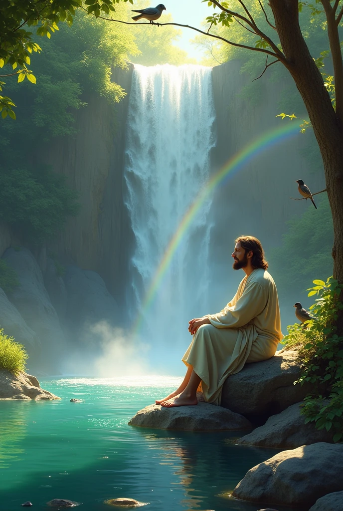 Jesus Sitting by a  WaterfallA peaceful scene of Jesus sitting on a large rock at the base of a waterfall. The water cascades down behind him, creating a mist that catches the sunlight, forming a rainbow. He is barefoot, with his robes lightly touching the water’s edge, and he gazes out over the calm pool with a soft smile, completely at peace with the natural surroundings. Birds are perched on nearby trees, and the lush greenery of the forest frames the scene, making it feel like a serene sanc