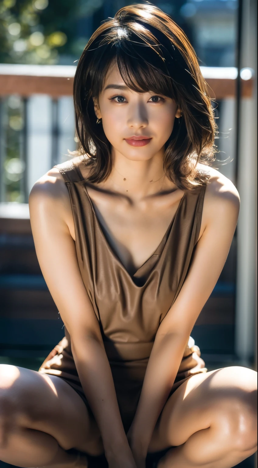 (Photorealistic: 1.8),
dark brown hair, A-line haircut, 1 girl, rooftop,
very detailed clothes, tank tops, beautiful ass,
As a fashion model,