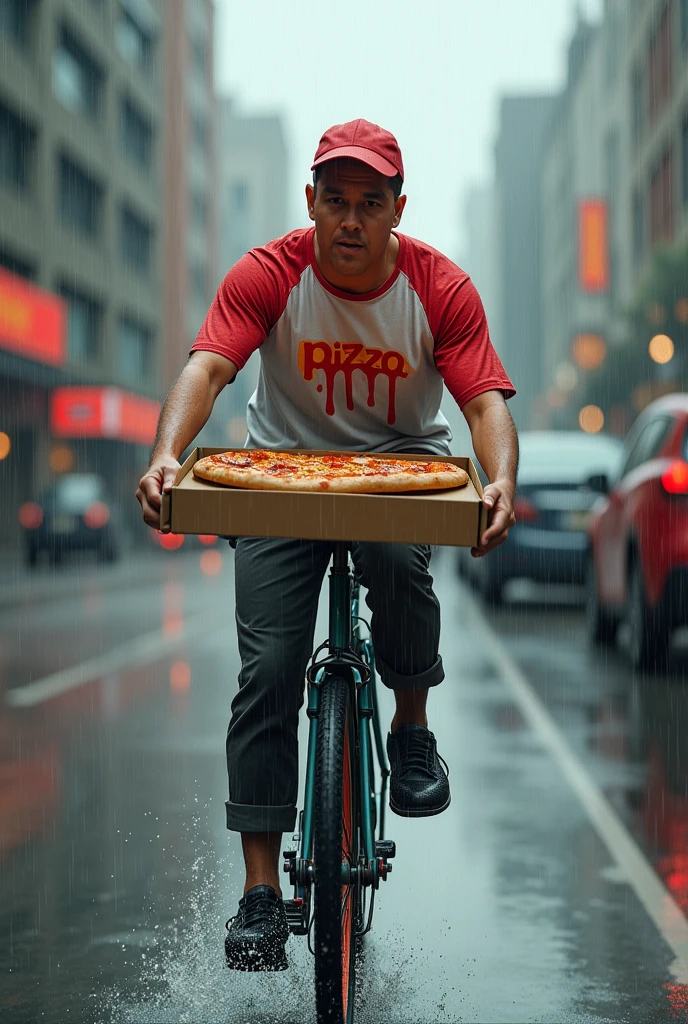 Pizza rider delivered pizza in rain wearing melting spot pizza t-shirt, t-shirt color red and white and pizza in box