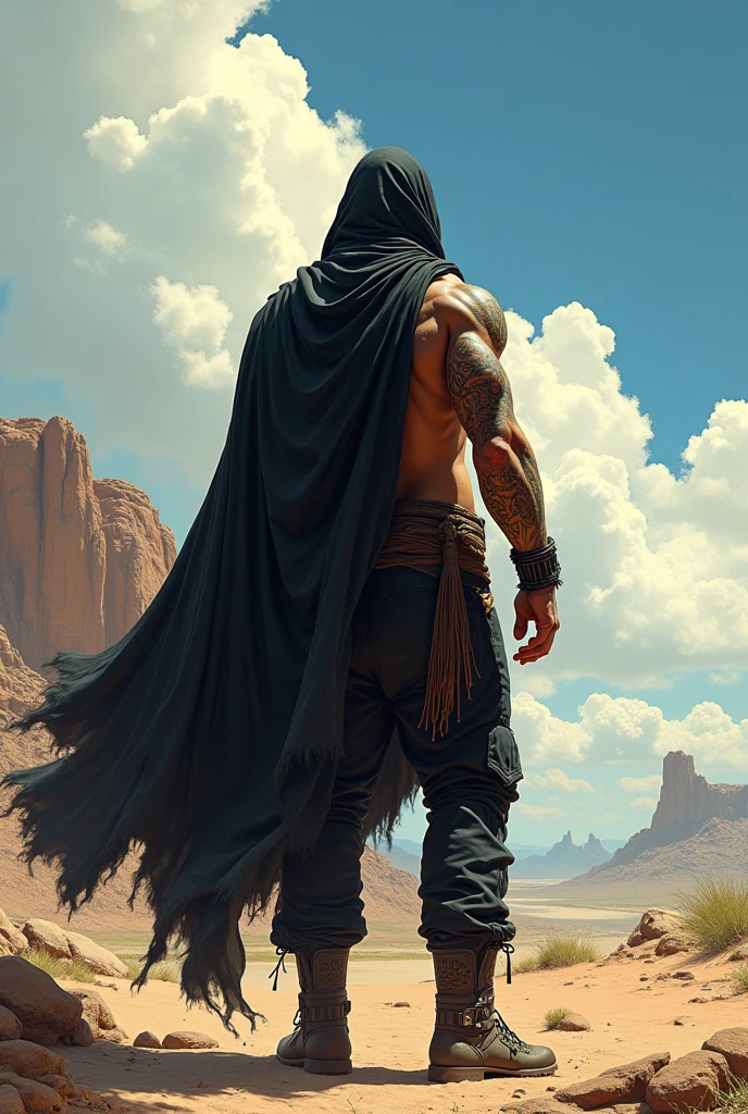 Full-body image (from behind) of a muscular, tattooed American Indian man, with a black hood and a large black cape covering his back. He has no shirt and wears a loincloth, loose black pants, native boots and large metal bracelets on both wrists. He's on his back, set in the Arizona desert, looking up at the sky. Frazetta art style.