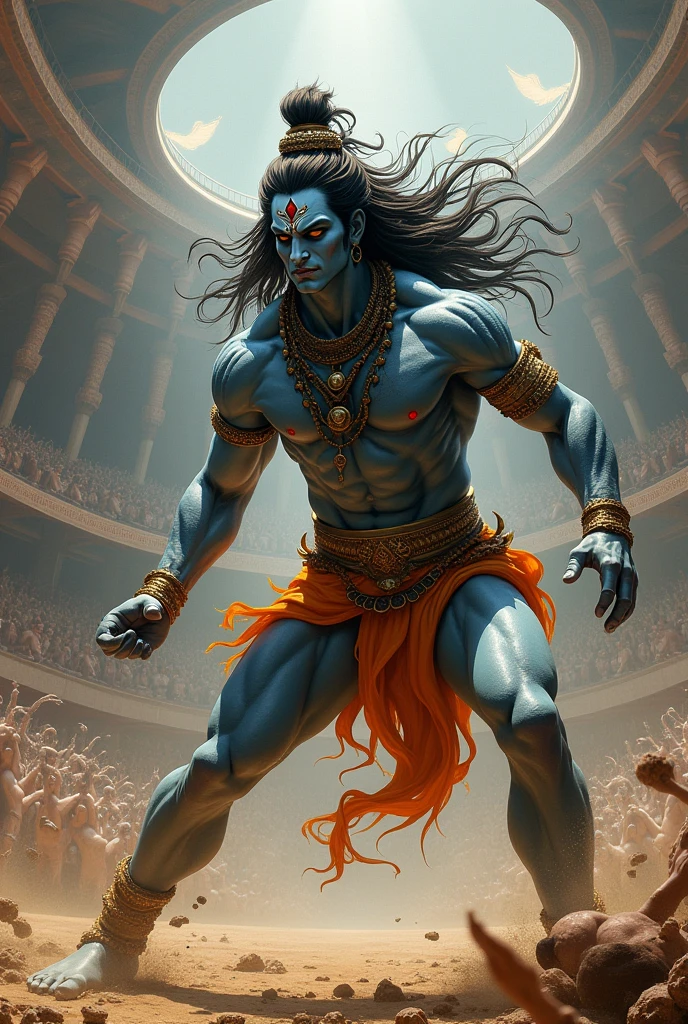 a lord shiva in angry mood in wrestling ring , by T Vaikuntham, full color illustration, by Max Dauthendey, full color digital illustration, archan nair, by Jitish Kallat, epic full color